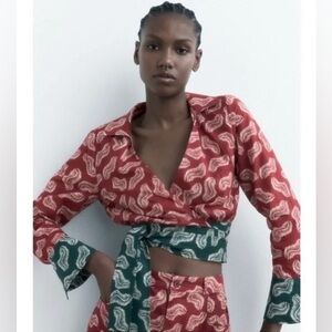 ZARA Set - PRINTED LONG PANTS - M - PRINTED WRAP BLOUSE - XS - TERRACOTTA